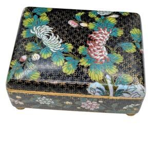 Antique Small Chinese Black Cloisonne Brass Footed circa 1900 Hinged Trinket Box